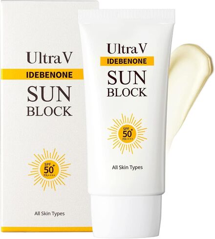 UltraV Idebenone Sun Block SPF50+ PA++++ – UVA/UVB Mild Sunscreen Cream – Peptides, EGF, Rice, Camomile Extracts – Uneven Skin Tone – Non Greasy Silky Finish - 1.69 fl.oz in Saudi Arabia