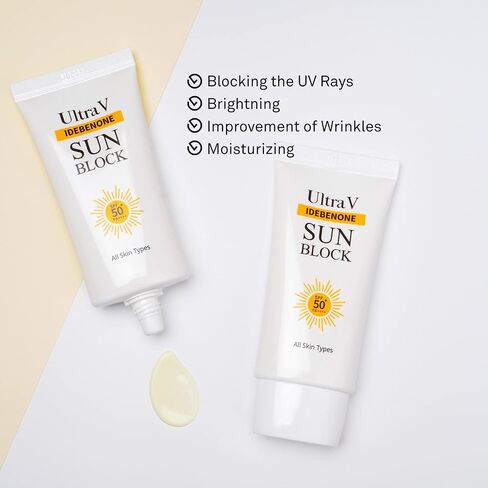 UltraV Idebenone Sun Block SPF50+ PA++++ – UVA/UVB Mild Sunscreen Cream – Peptides, EGF, Rice, Camomile Extracts – Uneven Skin Tone – Non Greasy Silky Finish - 1.69 fl.oz in Saudi Arabia