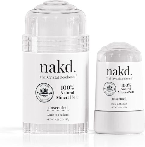 nakd. Thai Crystal Deodorant Stone – 2 Salt Deodorant Crystal Sticks, 4.25 oz. Regular + 2.5 oz. Travel Size – All Natural Unscented Crystal Deodorant and Aluminum Free Salt Deodorant for Women Men & Teens by Vasarii in Saudi Arabia