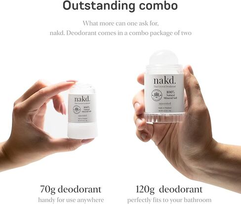 nakd. Thai Crystal Deodorant Stone – 2 Salt Deodorant Crystal Sticks, 4.25 oz. Regular + 2.5 oz. Travel Size – All Natural Unscented Crystal Deodorant and Aluminum Free Salt Deodorant for Women Men & Teens by Vasarii in Saudi Arabia