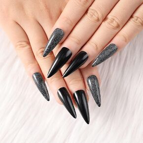 Artquee 24pcs Halloween Press on Nails Black Glossy Medium Almond Fake Nail Art Silver Flame Paws Pumpkin 3D Rhinestones Designs False Nails Acrylic Stiletto Stick On Nails Tips for Women in Saudi Arabia