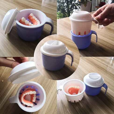 طقم الأسنان كأس مربع الحمام، حقيبة حمام طقم الأسنان مع مصفية، حافظة طقم أسنان قوية وكبيرة السعة، تستخدم لنقع أطقم الأسنان in Kuwait