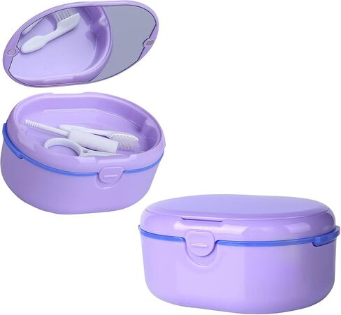 Denture Case Set Portable Retainer Case Perfect for Travel, Denture Bath Box Container Cleaning Care for Dentures Aligner Mouth Guard with Strainer, Removal Tool and Mirror (Black) in Saudi Arabia