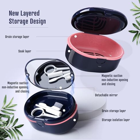 مجموعة أدوات طقم الأسنان حقيبة تثبيت محمولة مثالية للسفر، حاوية صندوق حمام طقم الأسنان، العناية بتنظيف أطقم الأسنان، واقي الفم مع مصفاة، أداة إزالة ومرآة (أرجواني) in Kuwait