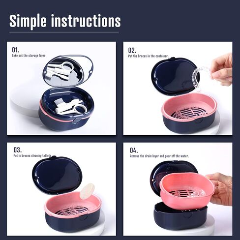 مجموعة أدوات طقم الأسنان حقيبة تثبيت محمولة مثالية للسفر، حاوية صندوق حمام طقم الأسنان، العناية بتنظيف أطقم الأسنان، واقي الفم مع مصفاة، أداة إزالة ومرآة (أرجواني) in Kuwait