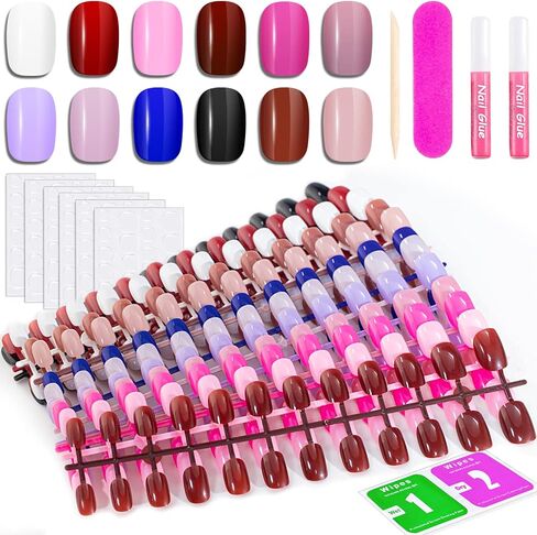 12 Solid Color Glossy Short Square False Press On Nails Pack #3, 288PCS Acrylic Squoval Nail Tip Kit with Stickers Tabs, Prep Pads, Nail File and Cuticle Stick in Kuwait
