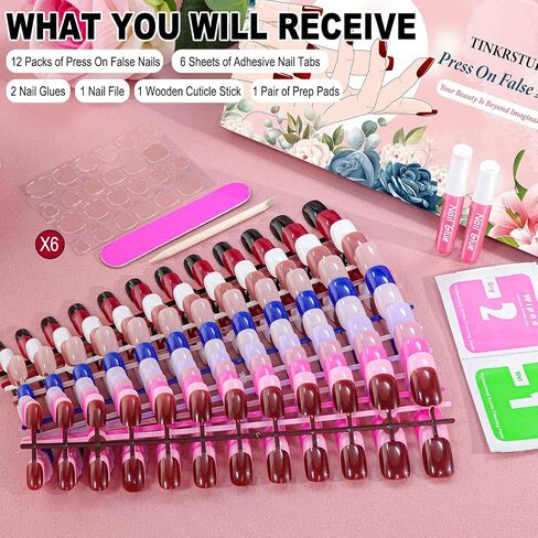 12 Solid Color Glossy Short Square False Press On Nails Pack #3, 288PCS Acrylic Squoval Nail Tip Kit with Stickers Tabs, Prep Pads, Nail File and Cuticle Stick in Kuwait