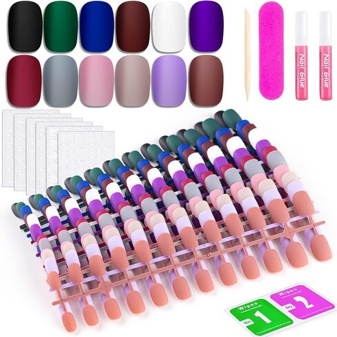 12 Solid Color Glossy Short Square False Press On Nails Pack #3, 288PCS Acrylic Squoval Nail Tip Kit with Stickers Tabs, Prep Pads, Nail File and Cuticle Stick in Kuwait