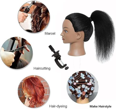 رأس عارضة أزياء مع شعر بشري 100% شعر حقيقي مانيكين التجميل، رأس دمية تصفيف الشعر، رأس تدريب على تصفيف الشعر مع حامل مشبك مجاني (14 بوصة - D3) in Saudi Arabia