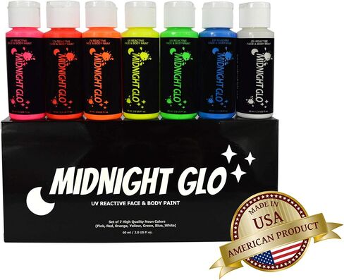 مجموعة طلاء الوجه والجسم ميدنايت جلو UV Neon Face & Body Paint (7 زجاجات 59.6 مل لكل منهما) طلاء فلوري تفاعليٍ بلون أسود فاتح - آمن، يغسل على البشرة، غير سام in Kuwait