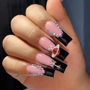 24Pcs Coffin Press on Nails Long Fake Nails, Violet Gradient Matte Glue on Nails Full Cover Acrylic Nails With Rhinestones Design False Nails Smudged blooming Stick on Nails for Women and Girls