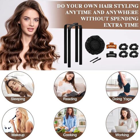 welltop Heatless Curling Rod Headband, Hair Curlers to Sleep In, Satin No Heat Hair Curl Ribbon for Long Hair Soft Rubber Curling Rods Hair Curler Rollers with Silk Sleep Cap 2 Hair Clips for Women in Kuwait
