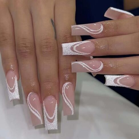 Kamize Coffin Press on Medium Fake Swirl Nails Full Cover Acrylic Pink False Nails for Women and Girls 24PCS in Saudi Arabia