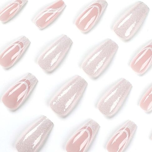 Kamize Coffin Press on Medium Fake Swirl Nails Full Cover Acrylic Pink False Nails for Women and Girls 24PCS in Saudi Arabia