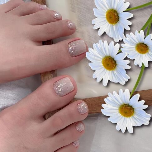 24Pcs Toe Nail Press ons, Short Press on Toenails for Women Square Fake Toenails with Summer Glossy glitter Luxury Design Nude Fake Toe nails Bling French Tip Toenail Press on nails in Kuwait