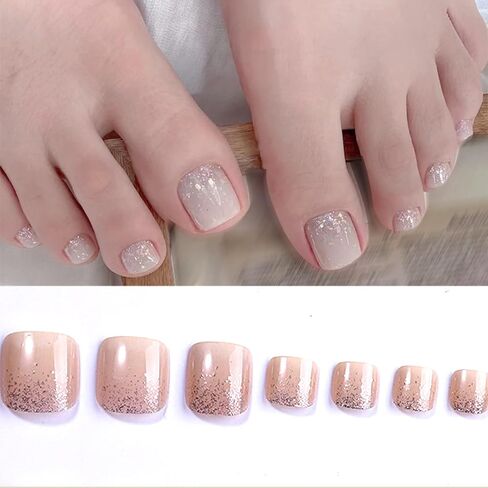 24Pcs Toe Nail Press ons, Short Press on Toenails for Women Square Fake Toenails with Summer Glossy glitter Luxury Design Nude Fake Toe nails Bling French Tip Toenail Press on nails in Kuwait