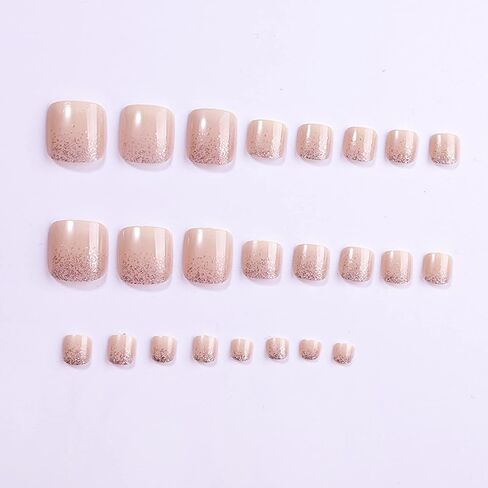 24Pcs Toe Nail Press ons, Short Press on Toenails for Women Square Fake Toenails with Summer Glossy glitter Luxury Design Nude Fake Toe nails Bling French Tip Toenail Press on nails in Kuwait
