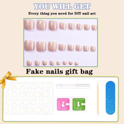 24Pcs Toe Nail Press ons, Short Press on Toenails for Women Square Fake Toenails with Summer Glossy glitter Luxury Design Nude Fake Toe nails Bling French Tip Toenail Press on nails in Kuwait