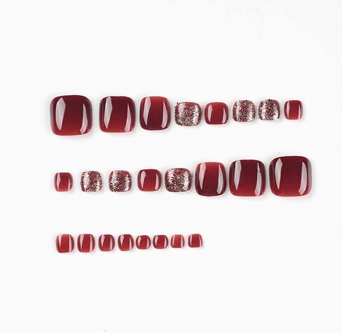 24Pcs Toe Nail Press ons, Short Press on Toenails for Women Square Fake Toenails with Summer Glossy glitter Luxury Design Nude Fake Toe nails Bling French Tip Toenail Press on nails in Kuwait