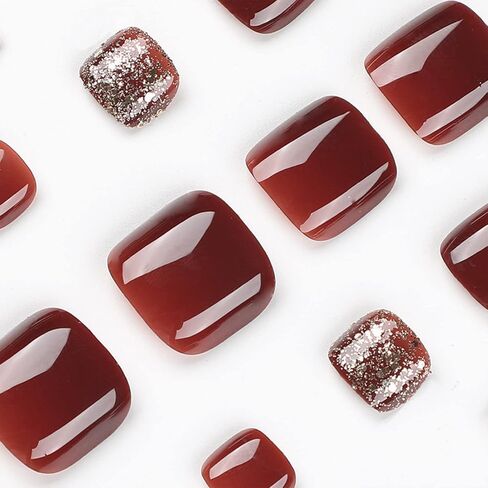 24Pcs Toe Nail Press ons, Short Press on Toenails for Women Square Fake Toenails with Summer Glossy glitter Luxury Design Nude Fake Toe nails Bling French Tip Toenail Press on nails in Kuwait