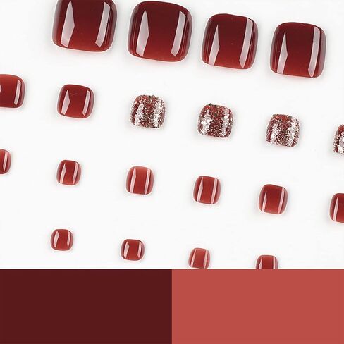 24Pcs Toe Nail Press ons, Short Press on Toenails for Women Square Fake Toenails with Summer Glossy glitter Luxury Design Nude Fake Toe nails Bling French Tip Toenail Press on nails in Kuwait
