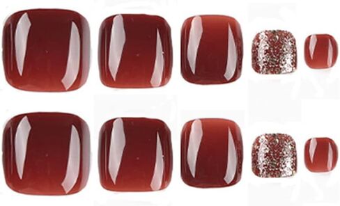24Pcs Toe Nail Press ons, Short Press on Toenails for Women Square Fake Toenails with Summer Glossy glitter Luxury Design Nude Fake Toe nails Bling French Tip Toenail Press on nails in Kuwait