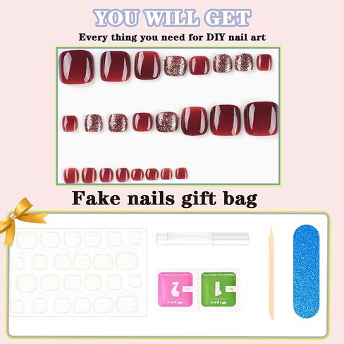 24Pcs Toe Nail Press ons, Short Press on Toenails for Women Square Fake Toenails with Summer Glossy glitter Luxury Design Nude Fake Toe nails Bling French Tip Toenail Press on nails in Kuwait