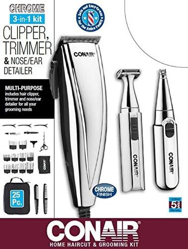 ConairMAN 3-in-1 25-Piece Hair Kit with Clipper, Detail Trimmer and Ear/Nose Trimmer, Chrome in Saudi Arabia