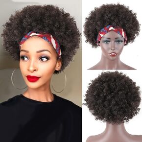 LEOSA Afro Headband Wig Short Afro Kinky Curly Wigs for Black Women,Natural Black Glueless Afro Wigs with headbands attached Afro Curly Headband Wigs Synthetic Afro Scarf Wigs for Womens Afro Wigs