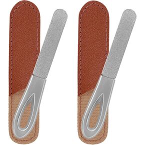 Metal Nail File with Case, 2 Pack Nail Files for Natural Nails, Fingernail Files Diamond Round Tip Stainless Steel Double Sided Fine Grit Sapphire Filer with Sheath Leather Cases Travel Silver Brown in Saudi Arabia