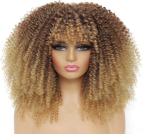JStineke Curly-Wig-with-Bangs Curly-Afro-Wigs-for-Black-Women Big-Afro-Wig Glueless-Kinky-Curly-Wig Synthetic-Hair-Replacement-Wigs (16 Inch, brown ombre blonde) in Saudi Arabia