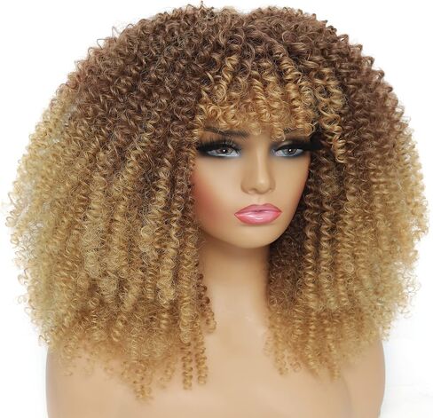 JStineke Curly-Wig-with-Bangs Curly-Afro-Wigs-for-Black-Women Big-Afro-Wig Glueless-Kinky-Curly-Wig Synthetic-Hair-Replacement-Wigs (16 Inch, brown ombre blonde) in Saudi Arabia