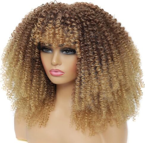 JStineke Curly-Wig-with-Bangs Curly-Afro-Wigs-for-Black-Women Big-Afro-Wig Glueless-Kinky-Curly-Wig Synthetic-Hair-Replacement-Wigs (16 Inch, brown ombre blonde) in Saudi Arabia