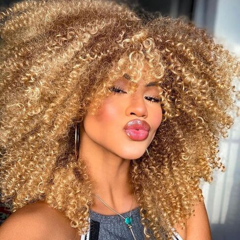 JStineke Curly-Wig-with-Bangs Curly-Afro-Wigs-for-Black-Women Big-Afro-Wig Glueless-Kinky-Curly-Wig Synthetic-Hair-Replacement-Wigs (16 Inch, brown ombre blonde) in Saudi Arabia