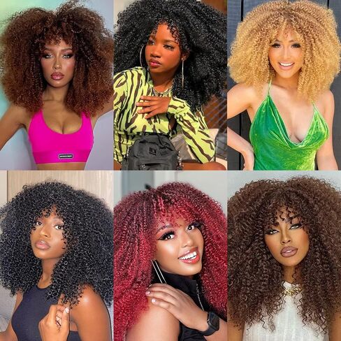 JStineke Curly-Wig-with-Bangs Curly-Afro-Wigs-for-Black-Women Big-Afro-Wig Glueless-Kinky-Curly-Wig Synthetic-Hair-Replacement-Wigs (16 Inch, brown ombre blonde) in Saudi Arabia