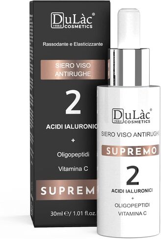 مصل مضاد للشيخوخة للوجه من Dulàc Cosmetics SUPREMO غني بحمض الهيالورونيك وفيتامين C والببتيدات المضادة للشيخوخة والصبار وبروتينات الحرير، ومكونات ذات تأثير مرن ومرطب، صنع في إيطاليا. in Kuwait