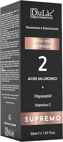 مصل مضاد للشيخوخة للوجه من Dulàc Cosmetics SUPREMO غني بحمض الهيالورونيك وفيتامين C والببتيدات المضادة للشيخوخة والصبار وبروتينات الحرير، ومكونات ذات تأثير مرن ومرطب، صنع في إيطاليا. in Kuwait