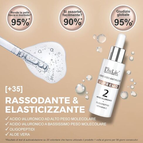 مصل مضاد للشيخوخة للوجه من Dulàc Cosmetics SUPREMO غني بحمض الهيالورونيك وفيتامين C والببتيدات المضادة للشيخوخة والصبار وبروتينات الحرير، ومكونات ذات تأثير مرن ومرطب، صنع في إيطاليا. in Kuwait