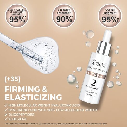 مصل مضاد للشيخوخة للوجه من Dulàc Cosmetics SUPREMO غني بحمض الهيالورونيك وفيتامين C والببتيدات المضادة للشيخوخة والصبار وبروتينات الحرير، ومكونات ذات تأثير مرن ومرطب، صنع في إيطاليا. in Kuwait