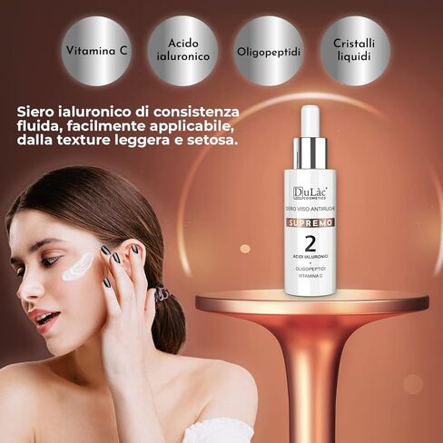 مصل مضاد للشيخوخة للوجه من Dulàc Cosmetics SUPREMO غني بحمض الهيالورونيك وفيتامين C والببتيدات المضادة للشيخوخة والصبار وبروتينات الحرير، ومكونات ذات تأثير مرن ومرطب، صنع في إيطاليا. in Kuwait