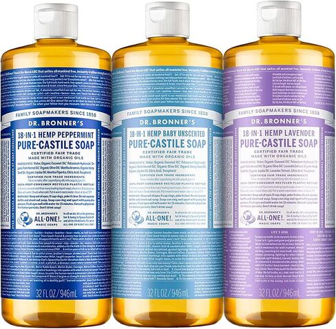 Dr. Bronner's - Pure-Castile Liquid Soap (32 Ounce Variety 3-Pack) Peppermint, Baby Unscented, Lavender - Made with Organic Oils, 18-in-1 Uses: Face, Body, Hair, Laundry, Concentrated, Vegan in Kuwait
