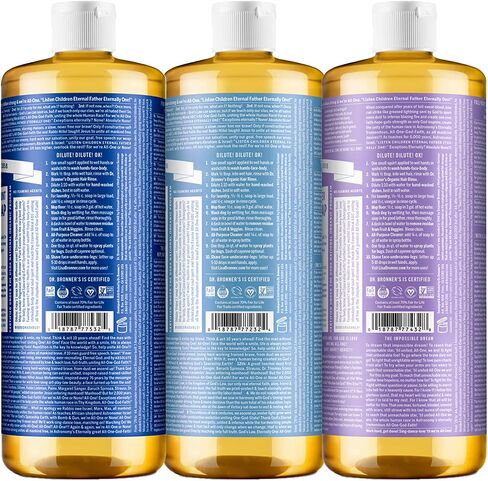 Dr. Bronner's - Pure-Castile Liquid Soap (32 Ounce Variety 3-Pack) Peppermint, Baby Unscented, Lavender - Made with Organic Oils, 18-in-1 Uses: Face, Body, Hair, Laundry, Concentrated, Vegan in Kuwait