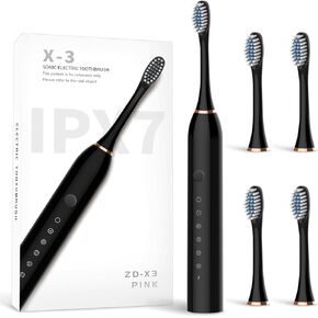 BIUSIKAN Sonic Electric Toothbrushes USB Rechargeable Ultrasonic Tooth Brush with 4 Brush Heads 6 Cleaning Modes and Smart Timer IPX7 Waterproof Cleaning Toothbrushes for Adults and Kids (Black) in Kuwait