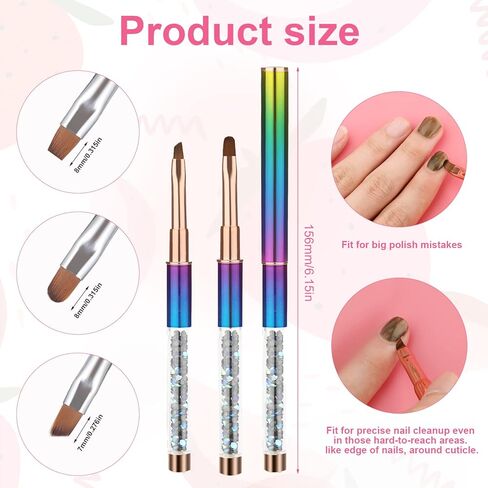 3pcs Nail Art Brushes Set, Nail Brushes for Nail Art Clean up Painting Brushes for Nails with Round & Angled & Flat Head Colorful Bling Nail Charms  for Nail Design Cleaning in Kuwait