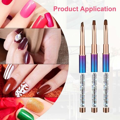 3pcs Nail Art Brushes Set, Nail Brushes for Nail Art Clean up Painting Brushes for Nails with Round & Angled & Flat Head Colorful Bling Nail Charms  for Nail Design Cleaning in Kuwait