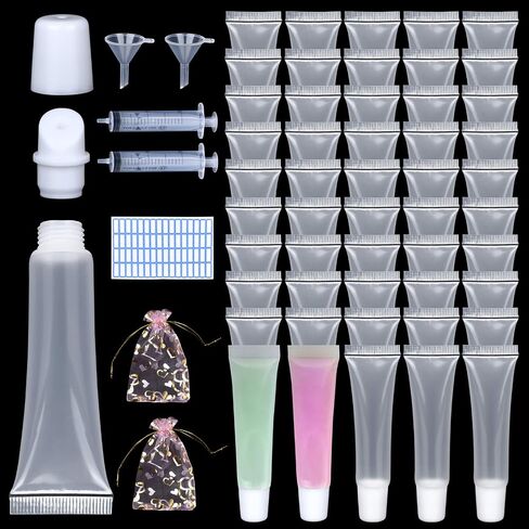 AerRoll 50Pcs 15 ML Lip Gloss Tubes With Pink Cap Empty,Soft Cosmetic Squeeze Tubes With Labels Stickers+Syringe+Funnel, for DIY Lip Gloss Balm Cosmetic (Pink x 50pcs) in Saudi Arabia