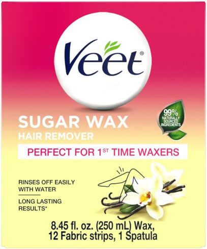 Hair Removal Wax- VEET Sugar Wax, Hair Remover Waxing Kit with Essential Oils and Floral Vanilla Fragrance, 250ml Wax and 12 Fabric Strips with 1 Spatula (Pack of 2) in Kuwait