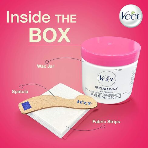 Hair Removal Wax- VEET Sugar Wax, Hair Remover Waxing Kit with Essential Oils and Floral Vanilla Fragrance, 250ml Wax and 12 Fabric Strips with 1 Spatula (Pack of 2) in Kuwait