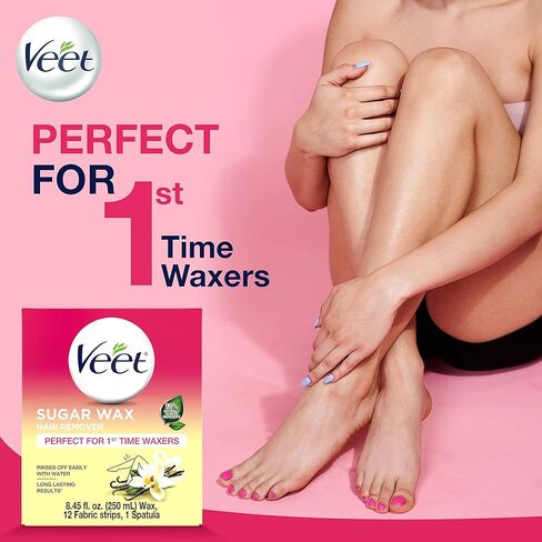 Hair Removal Wax- VEET Sugar Wax, Hair Remover Waxing Kit with Essential Oils and Floral Vanilla Fragrance, 250ml Wax and 12 Fabric Strips with 1 Spatula (Pack of 2) in Kuwait
