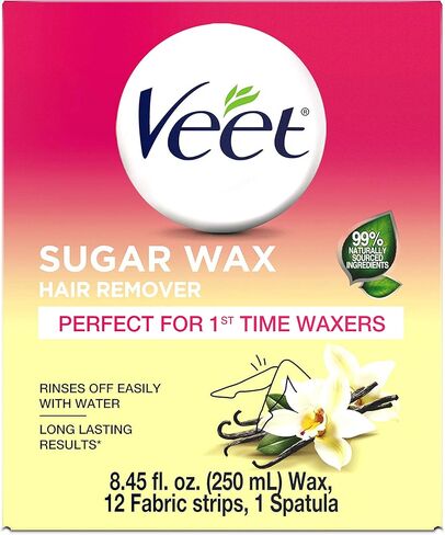 Hair Removal Wax- VEET Sugar Wax, Hair Remover Waxing Kit with Essential Oils and Floral Vanilla Fragrance, 250ml Wax and 12 Fabric Strips with 1 Spatula (Pack of 2) in Kuwait